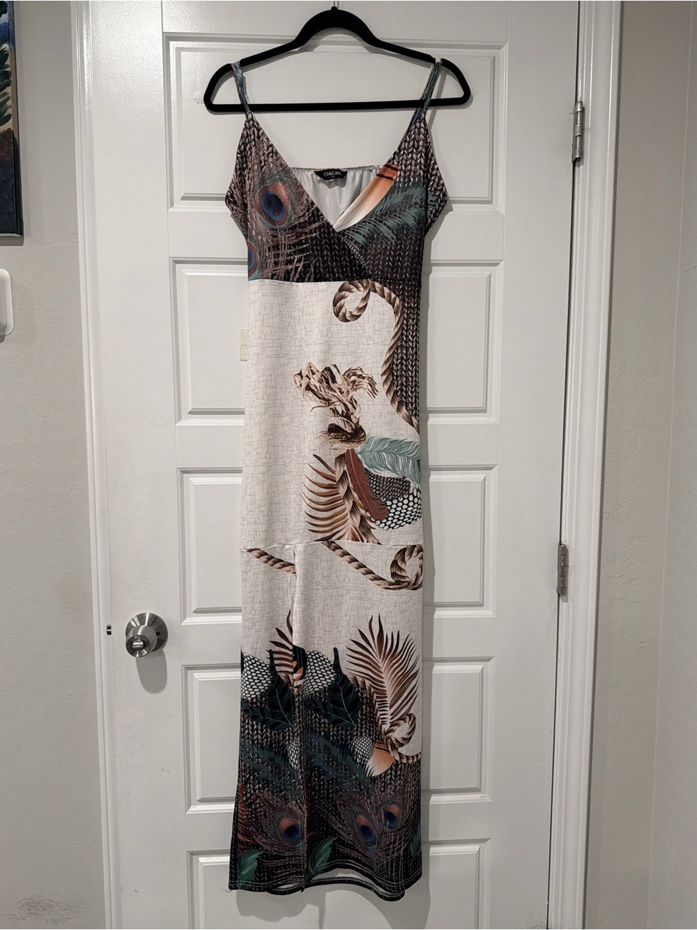 Maxi Dress with Feather & Palm Print - Cream - Picture 2 of 6